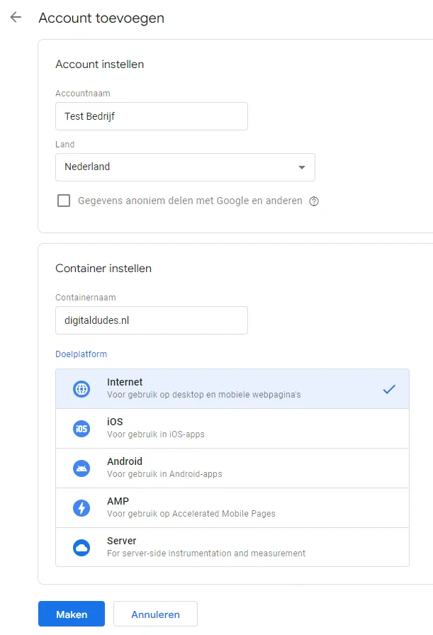 Nieuw Account aan Google Tag Manager Toevoegen