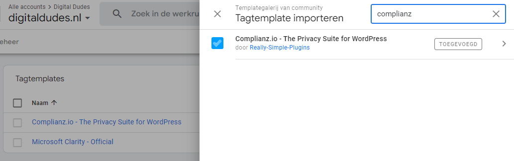 Toevoegen Complianz Template aan Google Tag Manager Werkruimte