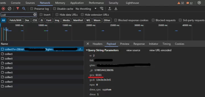 Screenshot van Ontwikkelaar Tools voor het testen van Consent Mode