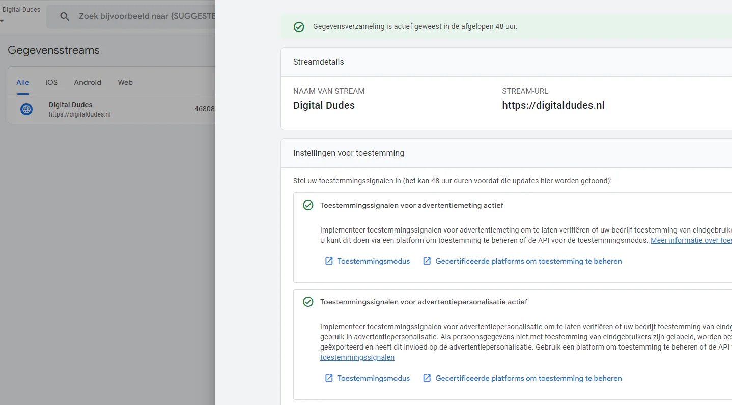 Instellingen voor Toestemming in Google Analytics voor Consent Mode v2